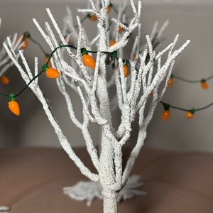 5 Miniature Snowy Holiday Trees with Orange Lights- Department 56